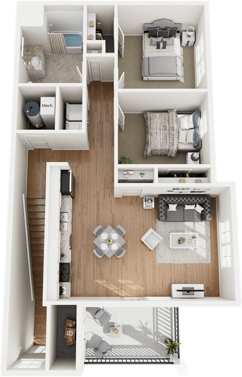 Floor plan for 2 beds, 1 bath, 1003 sqft